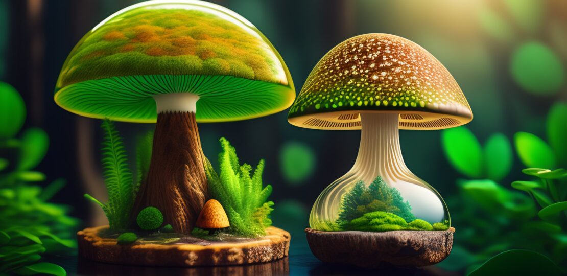 a mushroom with a glass greenhouse cap that is ful